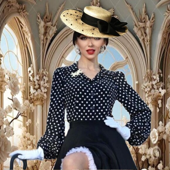 VNTG Theatrical Glamourous Flat Crown Veil Overlay Woven Straw-like Boater Hat main image 4